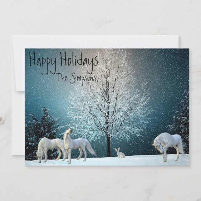 Christmas Unicorn Fantasy Holiday Winter Scene Card (Front)