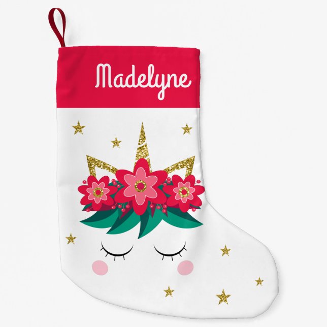 Christmas Unicorn Flowers Stars Personalized Name Small Christmas Stocking (Front)