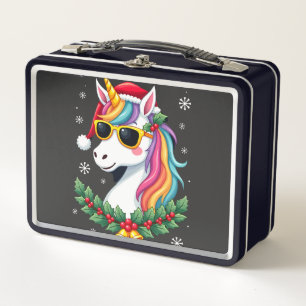 Christmas Unicorn Girls Boys Xmas Santa Cute Kids Metal Lunch Box