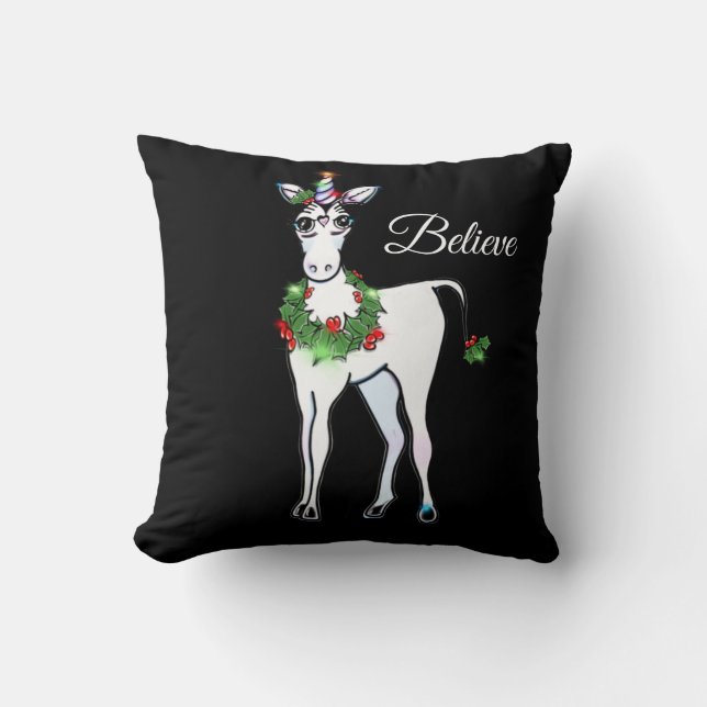 Christmas Unicorn, just believe Throw Pillow (Front)