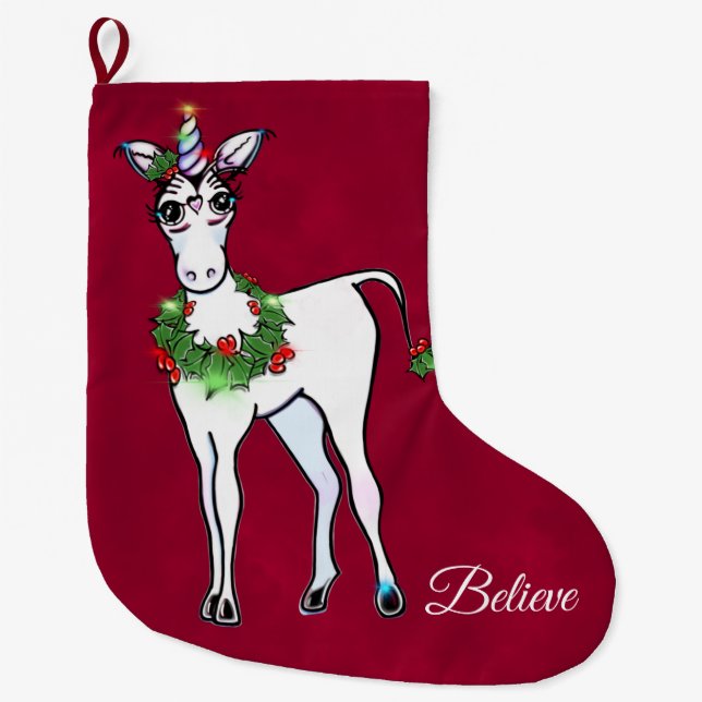 Christmas Unicorn magical fantasy  Large Christmas Stocking (Front)