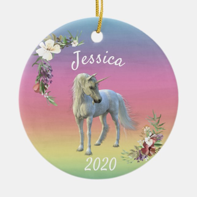 Christmas Unicorn magical Fantasy rainbow Ceramic Ornament (Front)