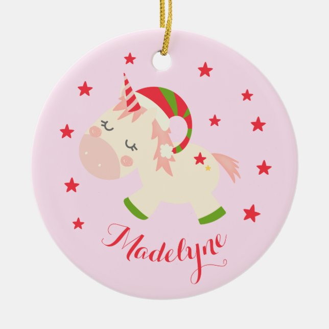 Christmas Unicorn Personalized Name Ceramic Ornament (Front)
