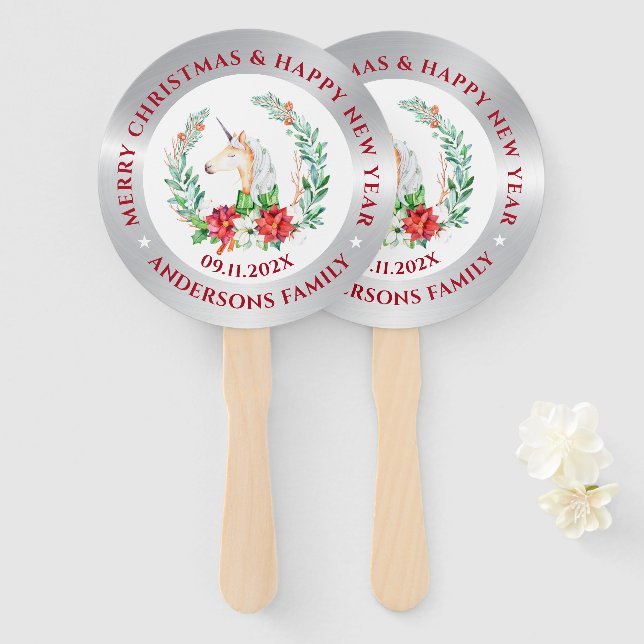 Christmas unicorn & poinsettia composition 3 hand fan (Front and Back)