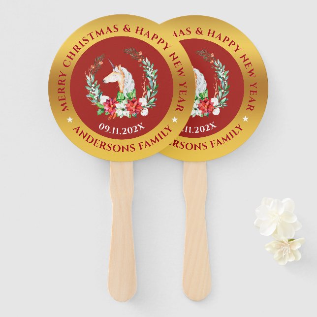 Christmas unicorn & poinsettia composition hand fan (Front and Back)