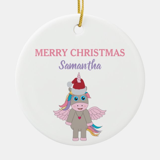 Christmas Unicorn Santa Hat Gold Glitter Xmas Tree Ceramic Ornament (Front)