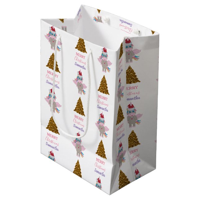 Christmas Unicorn Santa Hat Gold Glitter Xmas Tree Medium Gift Bag (Front Angled)