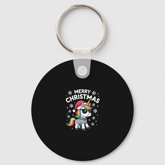 Christmas Unicorn Santa Hat T-Shirt (1) Keychain (Front)
