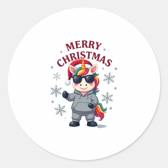 Christmas Unicorn Santa Hat T-Shirt Classic Round Sticker (Front)