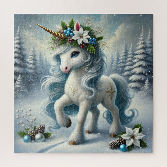 Christmas unicorn with gold horn white poinsettia jigsaw puzzle (Vertical)