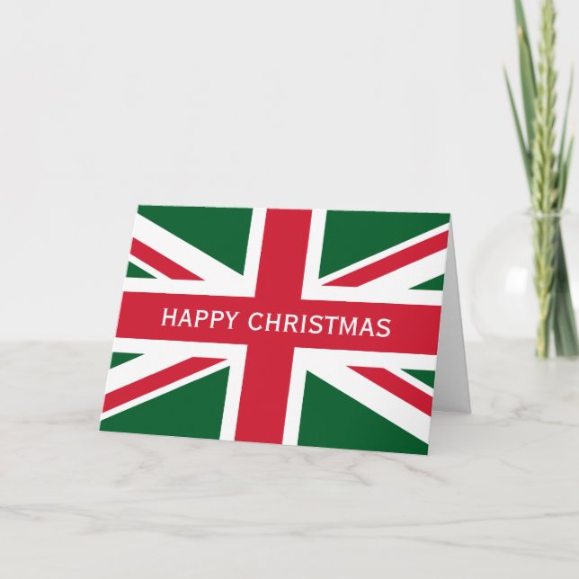 Christmas Union Jack ~  Red, Green and White Holiday Card (Front)