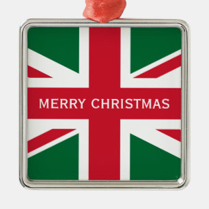 Christmas Union Jack ~ Red, Green and White Metal Ornament