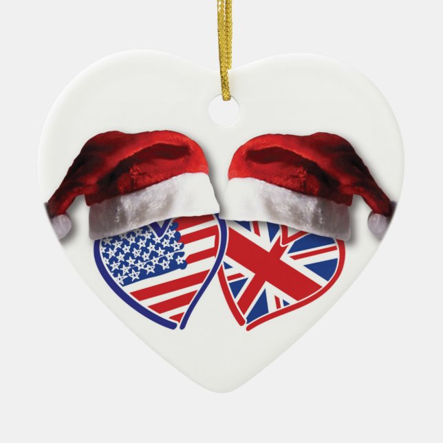 Christmas USA and UK Flag Hearts with Santa Hats Ceramic Ornament (Front)