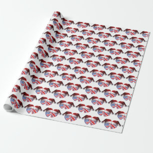 Christmas USA and UK heart Flags wearing Santa Hat Wrapping Paper