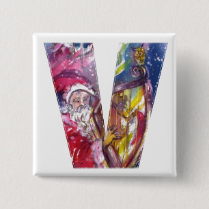 CHRISTMAS V LETTER  / SANTA  PLAYING HARP 2 INCH SQUARE BUTTON