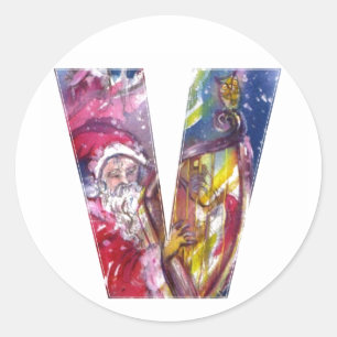 CHRISTMAS V LETTER  / SANTA  PLAYING HARP CLASSIC ROUND STICKER