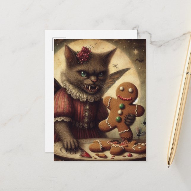 Christmas Vampire Fairy Cat With Gingerbread Postcard (Front/Back In Situ)