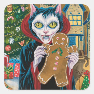 Christmas Vampire Kitty With Gingerbread Man  Square Sticker