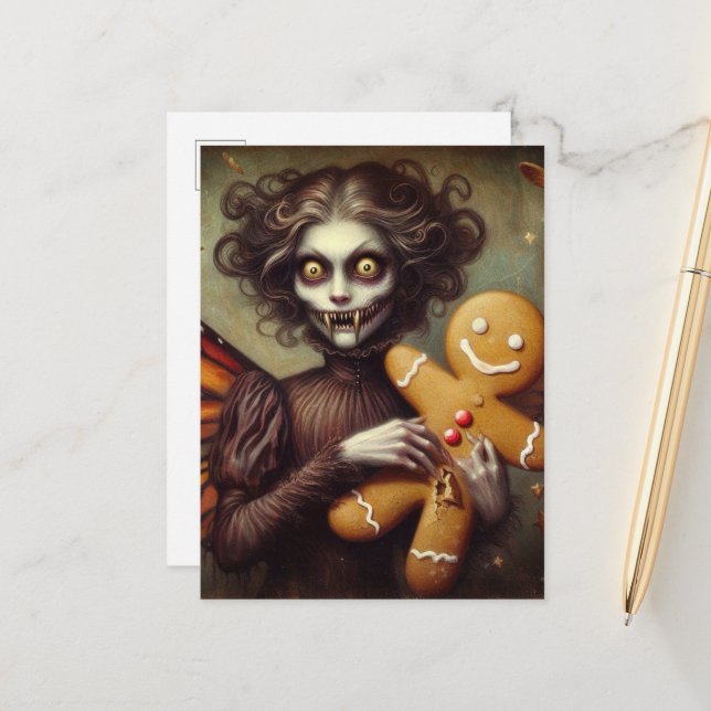 Christmas Vampire With Gingerbread Postcard (Front/Back In Situ)