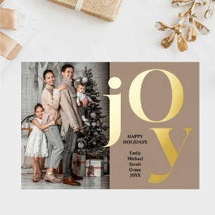 Christmas Vertical Family Photo Joy Beige Gold Foil Holiday Card