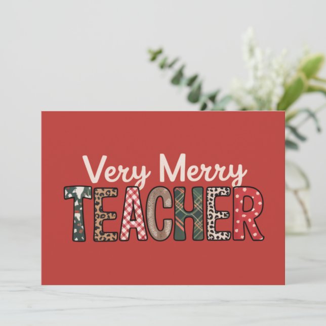Christmas Very Merry Teacher Leopard Tree Holiday Card (Standing Front)