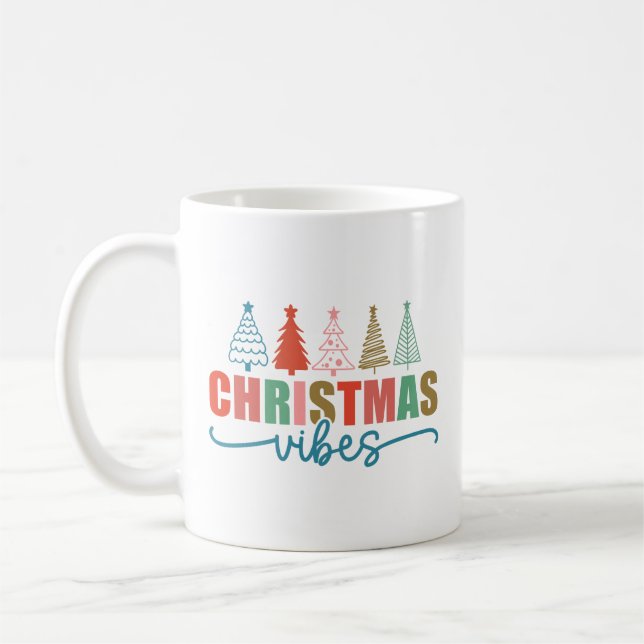 Christmas Vibes - Colourful Holiday Trees Design Coffee Mug (Left)