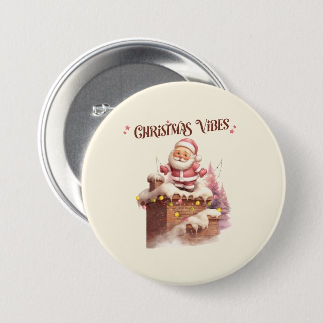 Christmas Vibes Pink Santa 3 Inch Round Button (Front & Back)