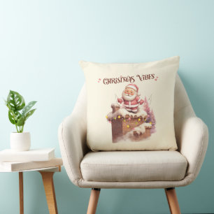 Christmas Vibes Pink Santa Throw Pillow