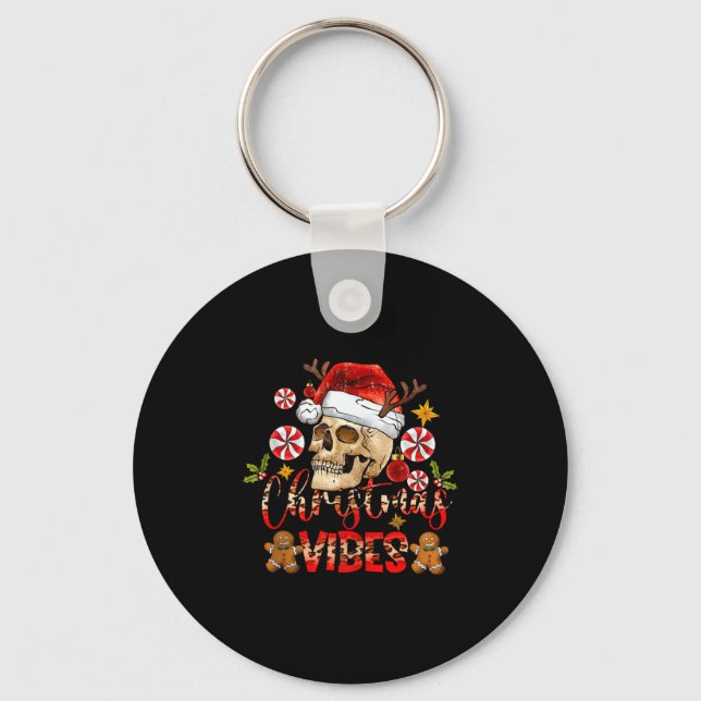 Christmas Vibes Skull Santa Hat Christmas Skeleton Keychain (Front)