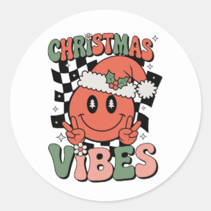 Christmas Vibes Smile Face Santa Hat Xmas Groovy Classic Round Sticker