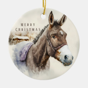 Christmas Vibes - Watercolor Donkey and Ermine -   Ceramic Ornament