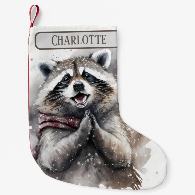 Christmas Vibes Watercolor Raccoon -  Small Christmas Stocking (Front)