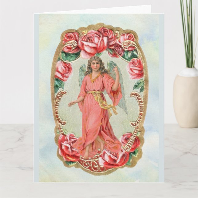 Christmas Victorian Angel Framed by Red Roses Card (Front)