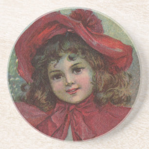 Christmas Victorian Child Red Hat Girl Portrait Ar Coaster