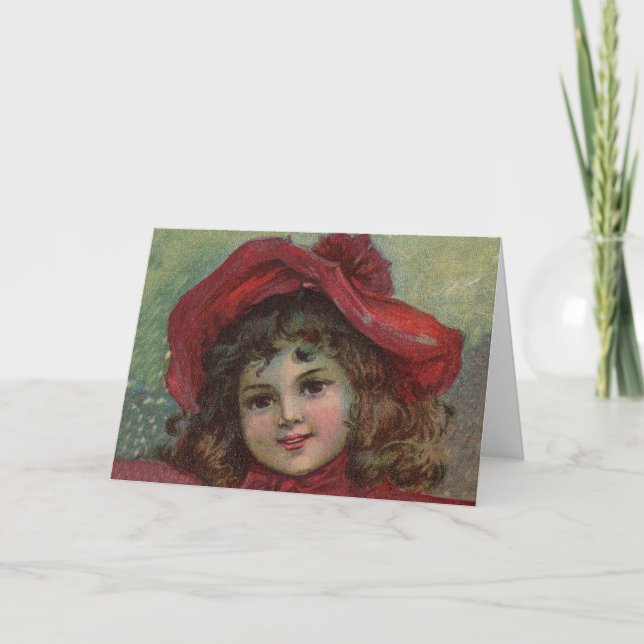 Christmas Victorian Child Red Hat Girl Portrait Ar Holiday Card (Front)