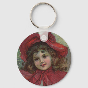 Christmas Victorian Child Red Hat Girl Portrait Ar Keychain