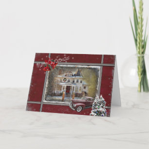 Christmas Victorian House with Old Car Holiday Card