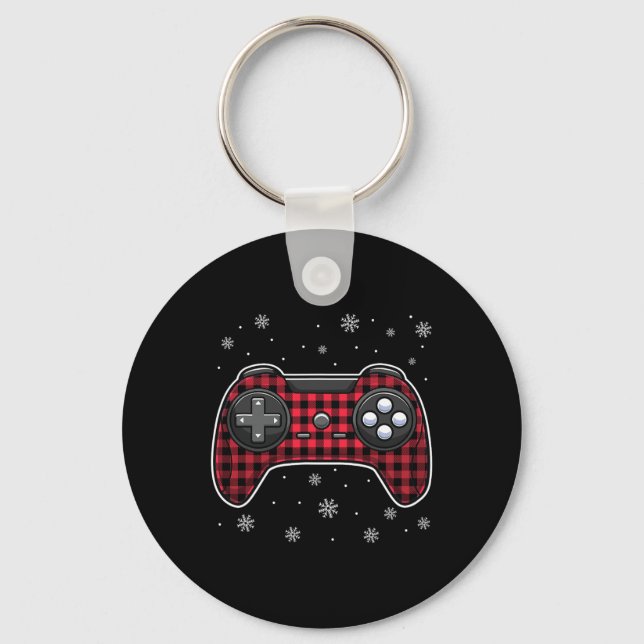 Christmas Video Game Controller Red Plaid Gamer Bo Keychain (Front)