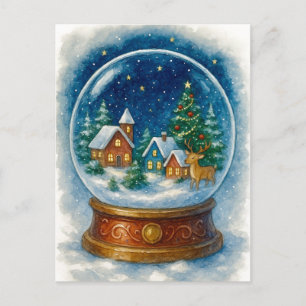 Christmas Village at Night Snow Globe Postcard