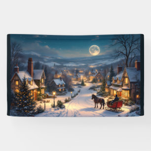 Christmas Village at Night Snow Sleigh Horse Banner