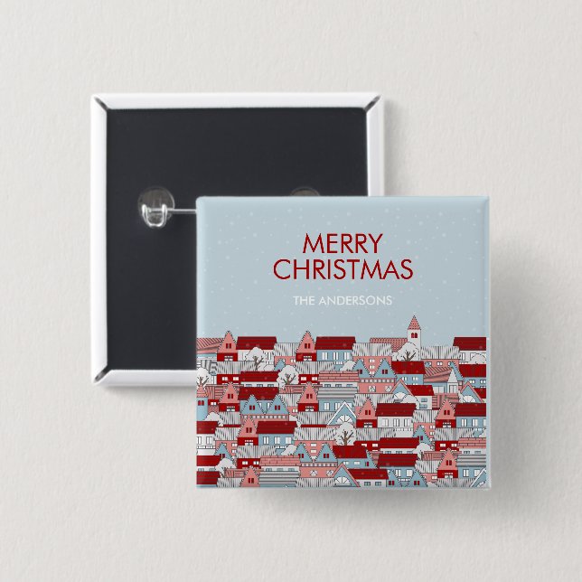Christmas Village Holiday Pinback Button (Front & Back)