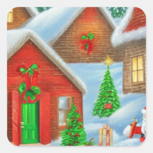 Christmas village in snow fun santa visits square sticker