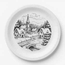 Christmas  Village in Winter Paper Plate