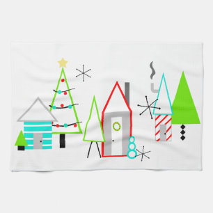 christmas village mid century modern kitchen towel