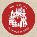 Christmas Village Red and White Classic Round Sticker<br><div class="desc">A little Christmas village nestled in the snow.  Original art by Nic Squirrell.  Change the greeting and name to personalize.</div>