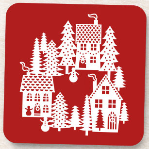 Christmas Village Red and White Coaster