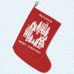 Christmas Village Red and White Personalized Large Christmas Stocking<br><div class="desc">A little Christmas village nestled in the snow.  Original art by Nic Squirrell.  Change the greeting and name to personalize.</div>