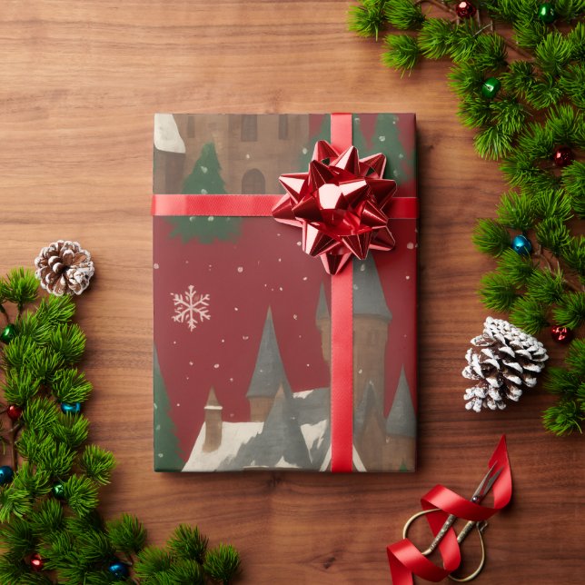 Christmas Village | Red with Snowy Houses & Pines Wrapping Paper (Holiday Gift)