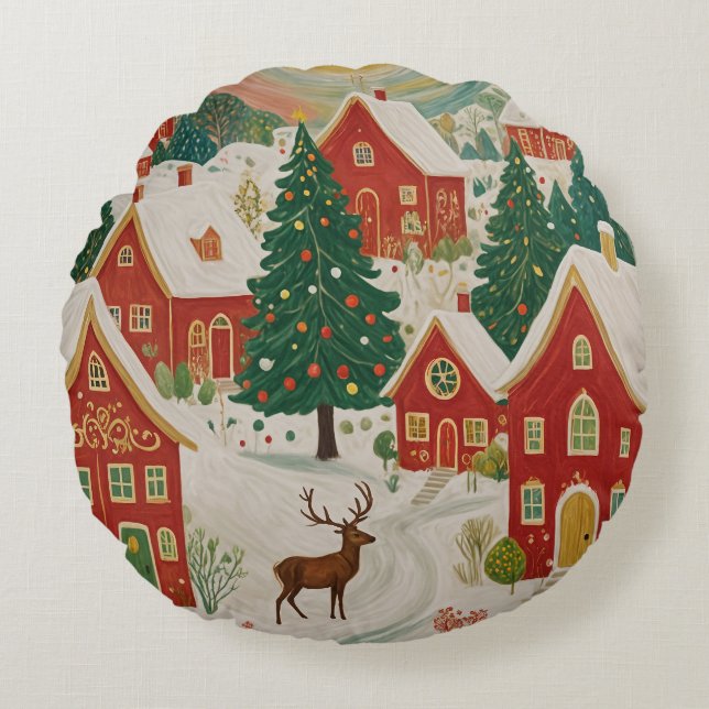 Christmas Village Round Pillow (Front)