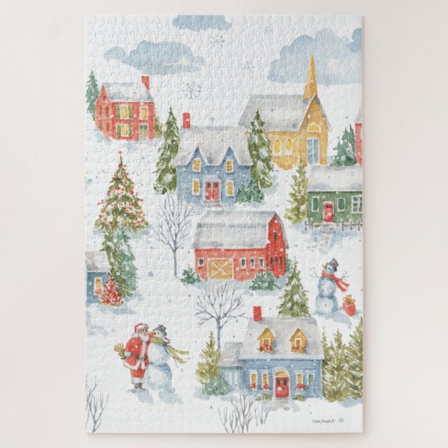 Christmas Village Santa Snowmen Watercolor Jigsaw Puzzle (Vertical)